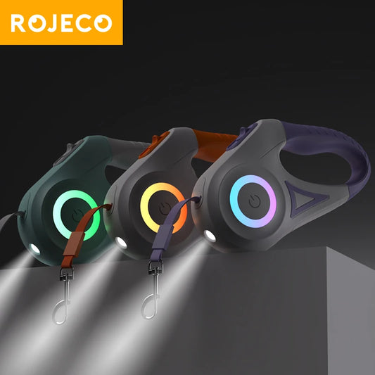 ROJECO 5M Retractable LED Dog Leash – Auto Light-Up