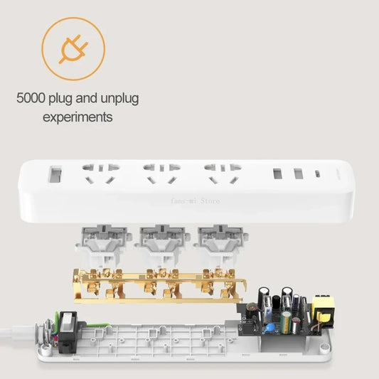 Xiaomi Mijia 20W Fast Charging Power Strip with 3 sockets, 2 USB-A, 1 USB-C port, and 1.8m cable for versatile charging.