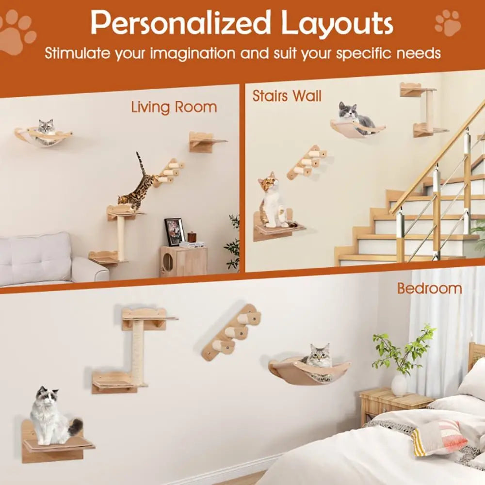 Set of 4 Cat Wall Furniture with 2-Step Cat Tree and Perch Including Hammock Quality Cat Scratcher