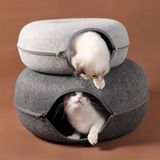 Round Felt Cat Tunnel Donut Bed with Scratcher
