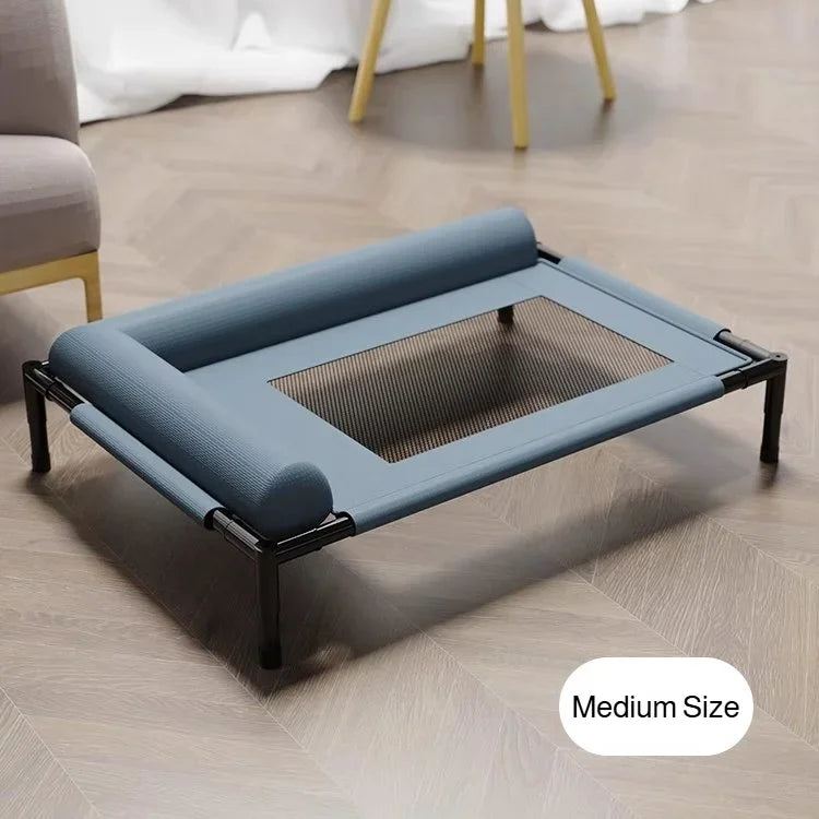 Waggy Tail elevated breathable mesh pet bed with moisture-proof fabric, large off-ground camp bed for dogs and cats.
