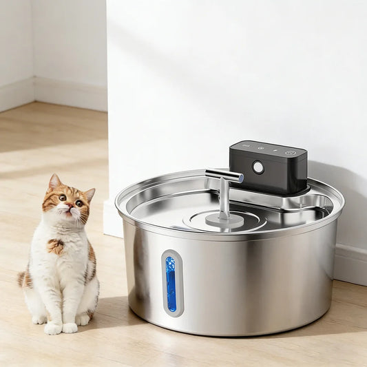 Wireless stainless steel cat water fountain by Waggy Tail with 3.2L capacity, auto filtration, and 4000mAh battery.