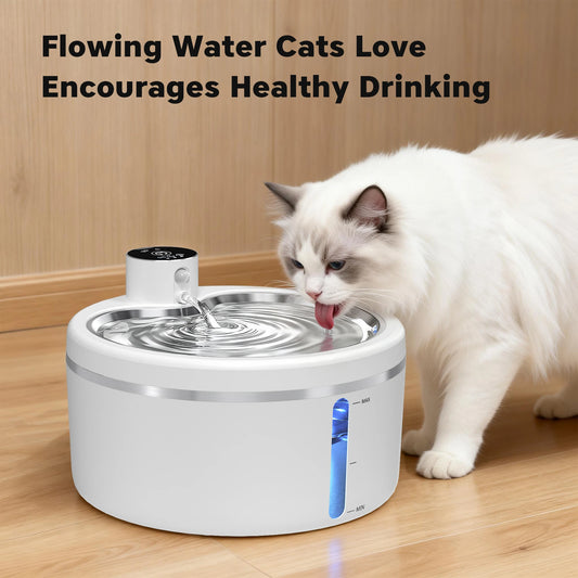 Waggy Tail 2.5L smart automatic cat water fountain with stainless steel tray and 4000mAh battery, showing water flowing in the tray.