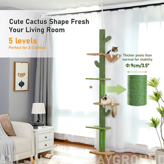 Cat Tree 5-Tier Floor to Ceiling Cat Tower Cactus Tall Climbing Tree with Scratching Post Hammock Dangling Ball for Indoor Cats