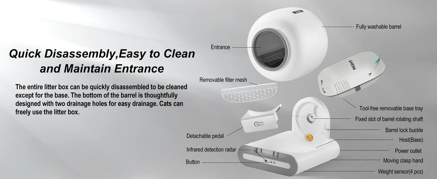 Waggy Tail smart self-cleaning cat litter box with app control, featuring modern design and automatic waste removal system.