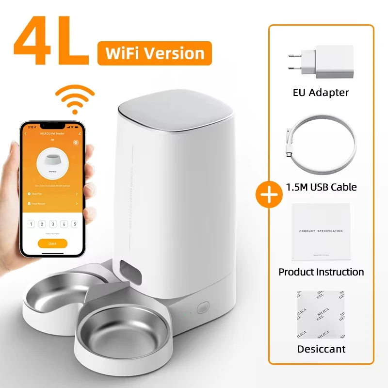 ROJECO Auto Cat Feeder – WiFi App, Remote Control, Dry Food Dispenser for Cats & Dogs