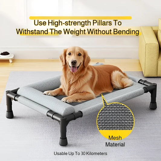 Waggy Tail elevated breathable mesh pet bed with moisture-proof design, suitable for dogs and cats, off-ground camping style.