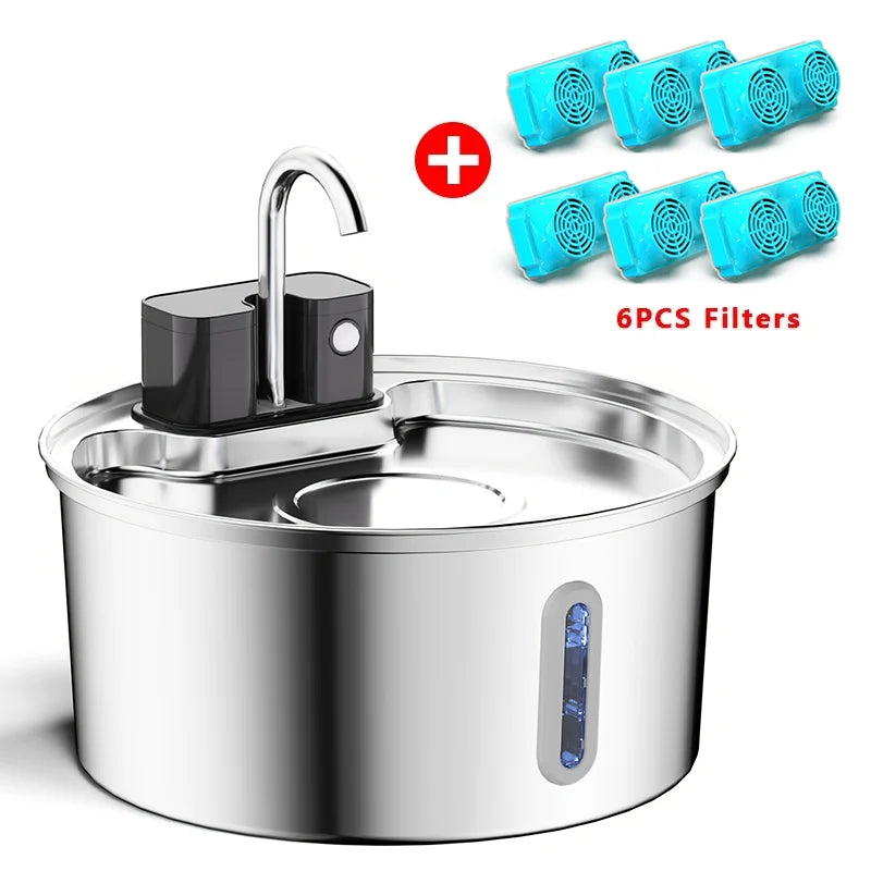 Wireless stainless steel cat water fountain by Waggy Tail with 3.2L capacity, auto filtration, and 4000mAh battery.