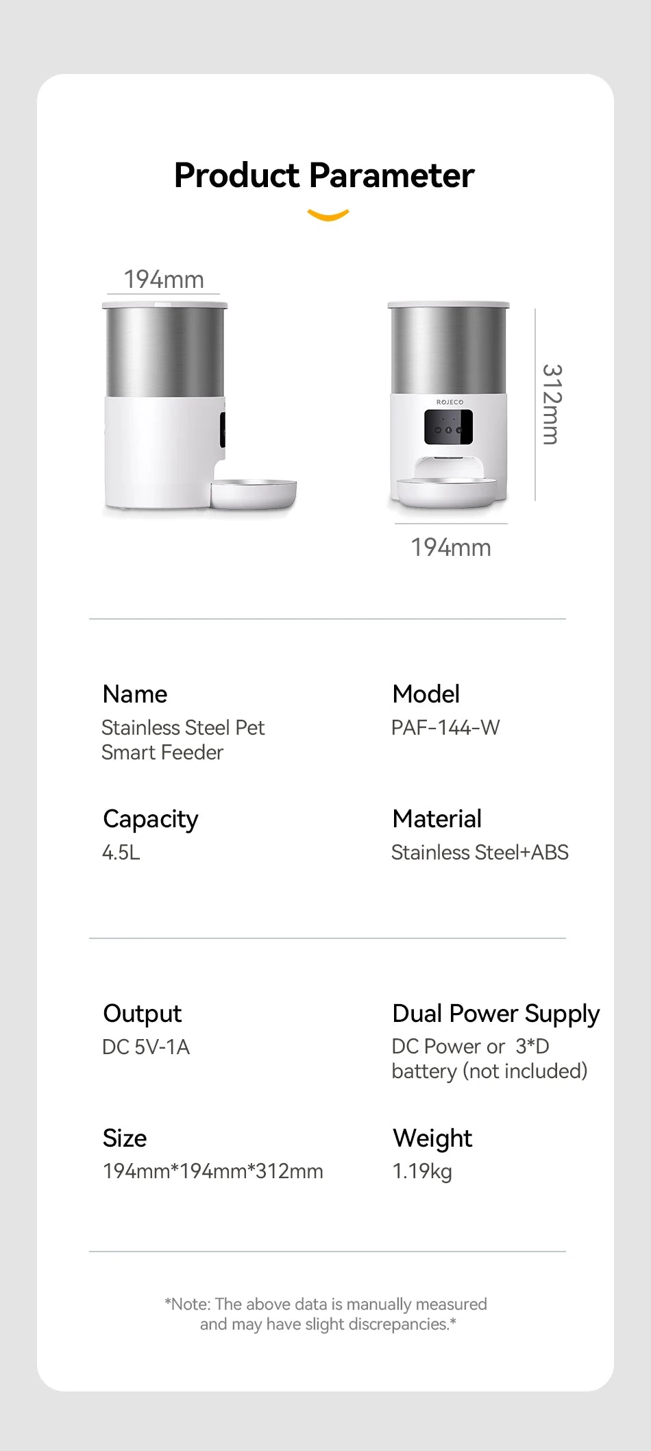 ROJECO Stainless Steel Auto Cat Feeder – WiFi App, Voice Recorder, Smart Dispenser
