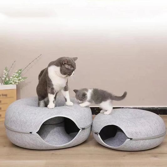 Round Felt Cat Tunnel Donut Bed with Scratcher