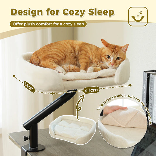 Waggy Tail 360° rotatable desktop cat bed stand with adjustable hammock basket for indoor cats, featuring a cozy lounging area.