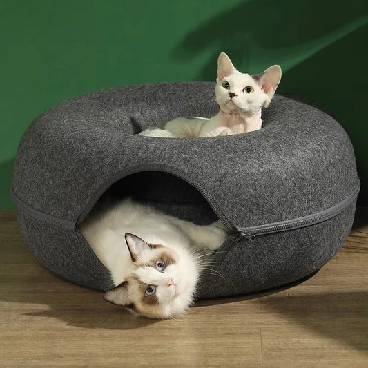 Donut Cat Bed Pet Cat Interactive Game Toy Cat Bed Dual-use Tunnel Bed with Felt Toy Gift for Small Kitten Rabbit
