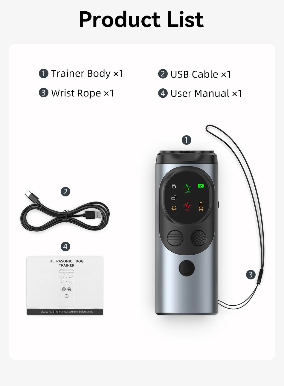 ROJECO Ultrasonic Dog Repeller Anti Barking Training Deterrent Device Rechargeable High Power Dog Repeller With LED Flashlight 