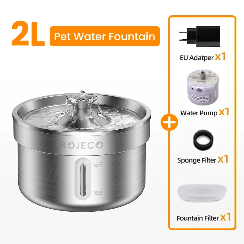 ROJECO Stainless Steel Pet Water Fountain – Smart Dispenser with Pump for Cats & Dogs