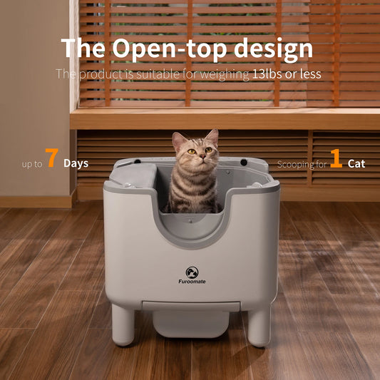 Waggy Tail smart self-cleaning open-top cat litter box with odor control and safety sensors, shown with clean design and open top.