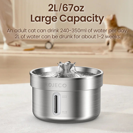 ROJECO Stainless Steel Pet Water Fountain – Smart Dispenser with Pump for Cats & Dogs