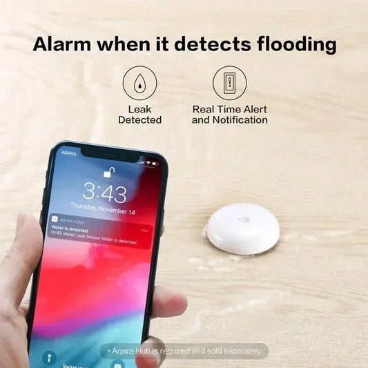 Aqara ZigBee Water Leak Sensor by Waggy Tail detects water leaks, featuring a compact design for smart home flood monitoring.