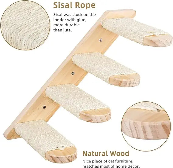 2025 Hot Selling Eco-Friendly Wooden Cat Climbing Frame Modern Luxury DIY Wall-Mounted Four-Step Staircase with Jute Scratching