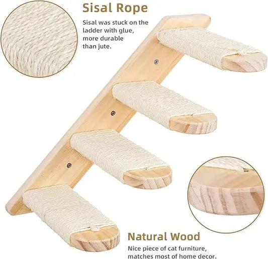 2025 Hot Selling Eco-Friendly Wooden Cat Climbing Frame Modern Luxury DIY Wall-Mounted Four-Step Staircase with Jute Scratching