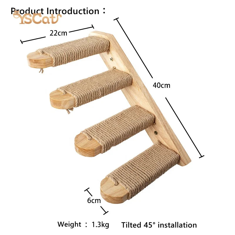 2025 Hot Selling Eco-Friendly Wooden Cat Climbing Frame Modern Luxury DIY Wall-Mounted Four-Step Staircase with Jute Scratching