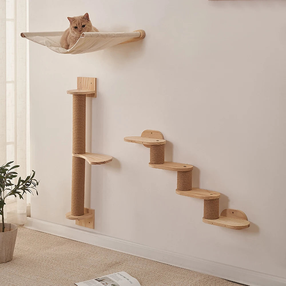 Luxury Large Cat Tree with Simple Style Cat Shelves Wood Pet Play House with Scratches Wall Steps Interactive Movement Pet Toys
