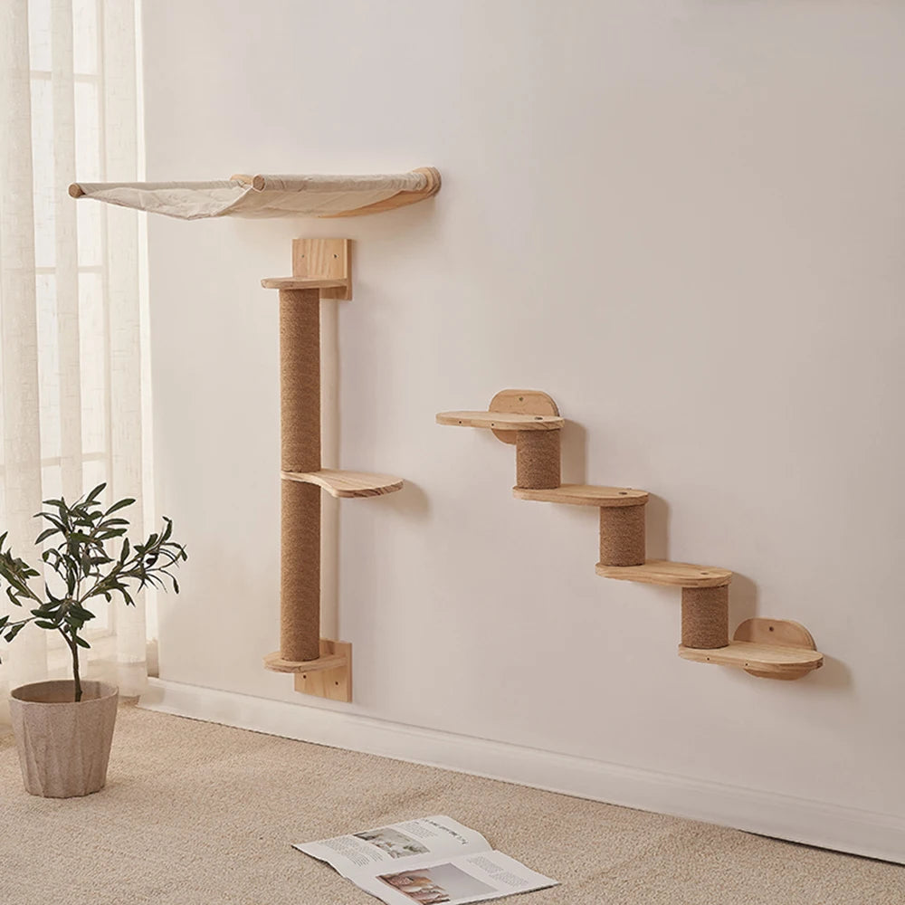 Luxury Large Cat Tree with Simple Style Cat Shelves Wood Pet Play House with Scratches Wall Steps Interactive Movement Pet Toys