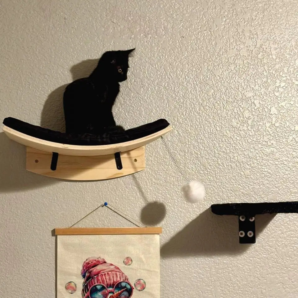 Solid Wood Wall-Mounted Cat Climbing Tower with Hammock