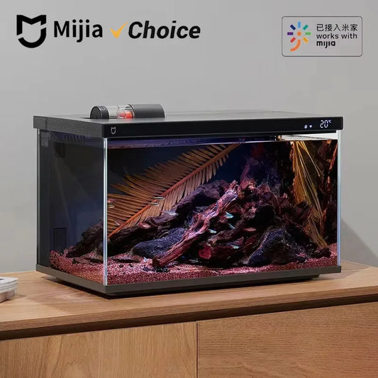 Xiaomi Mijia Smart Fish Tank MYG100 with app-controlled feeding, smart lighting, and filtration system, seen with clear water and aquatic plants.