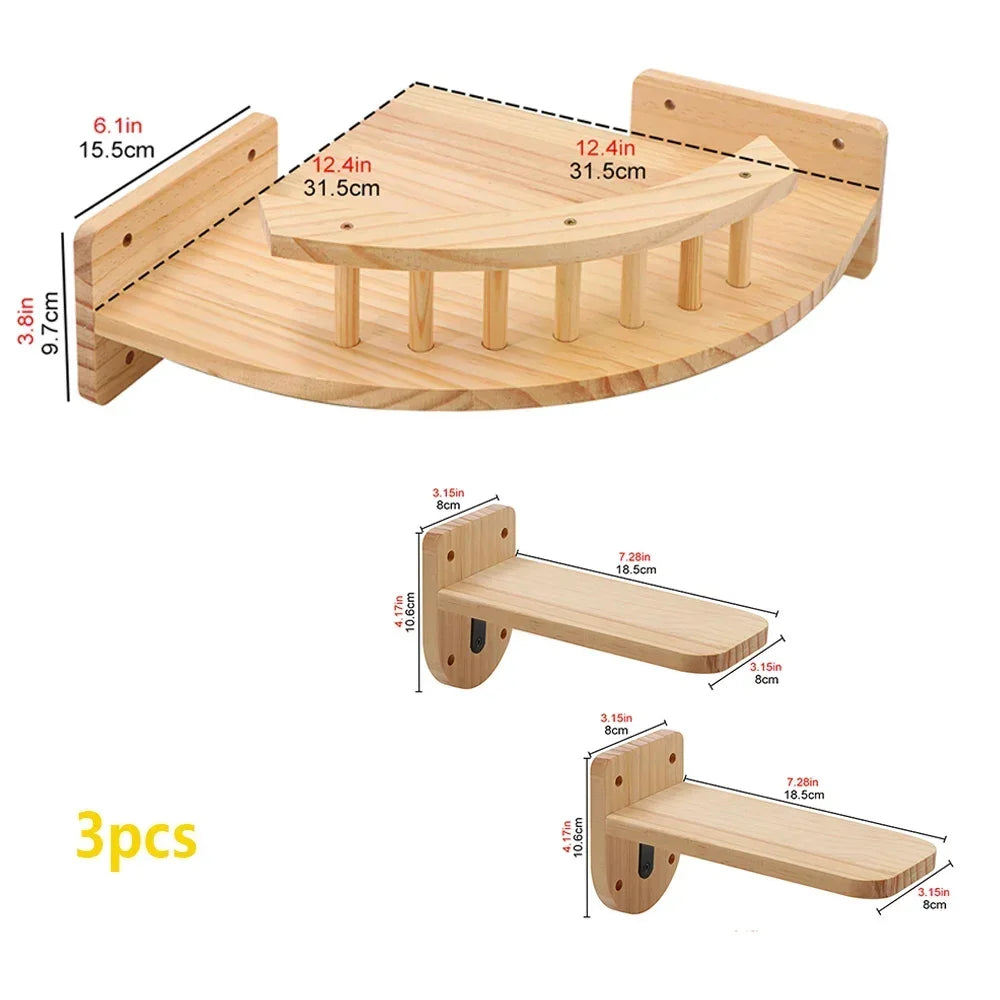 Solid Wood Wall-Mounted Cat Climbing Tower with Hammock