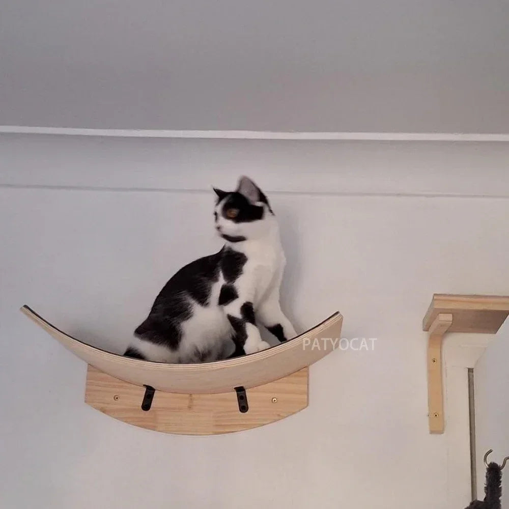 Solid Wood Wall-Mounted Cat Climbing Tower with Hammock