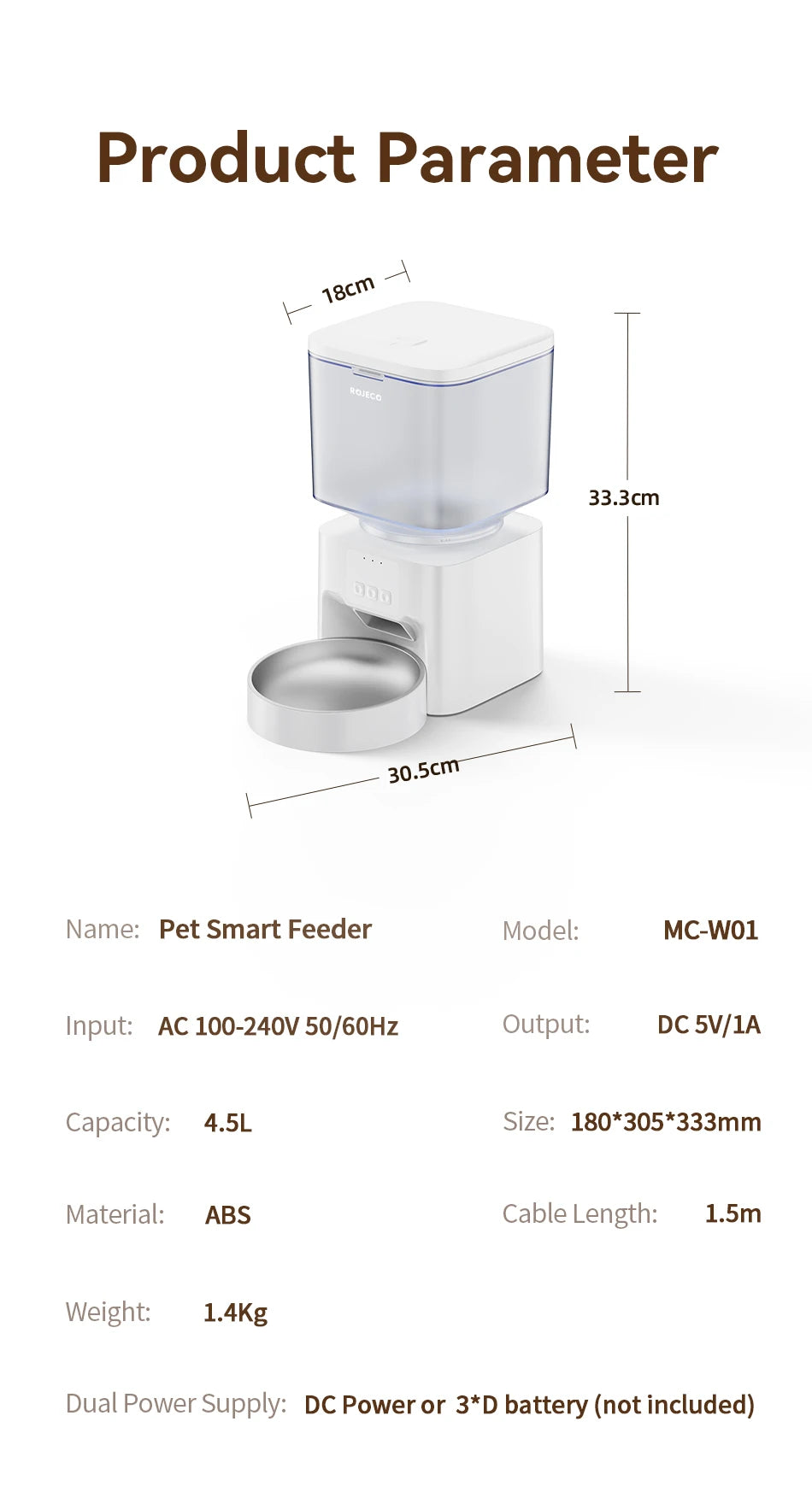ROJECO 4.5L Auto Dog Feeder – WiFi App, Smart Kibble Dispenser for Cats & Dogs
