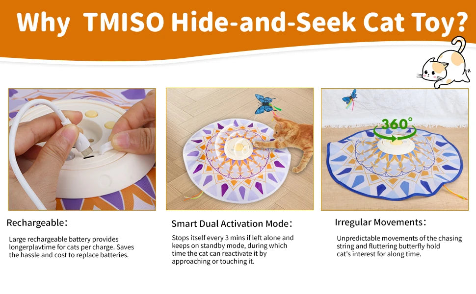 USB Rechargeable 3-in-1 Interactive Cat Teaser Toy 360° Rotating Feathers & Mandala Pattern,1200 battery capacity Plastic Design