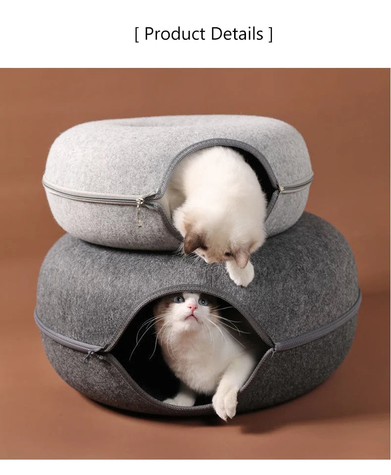 Round Felt Cat Tunnel Donut Bed with Scratcher