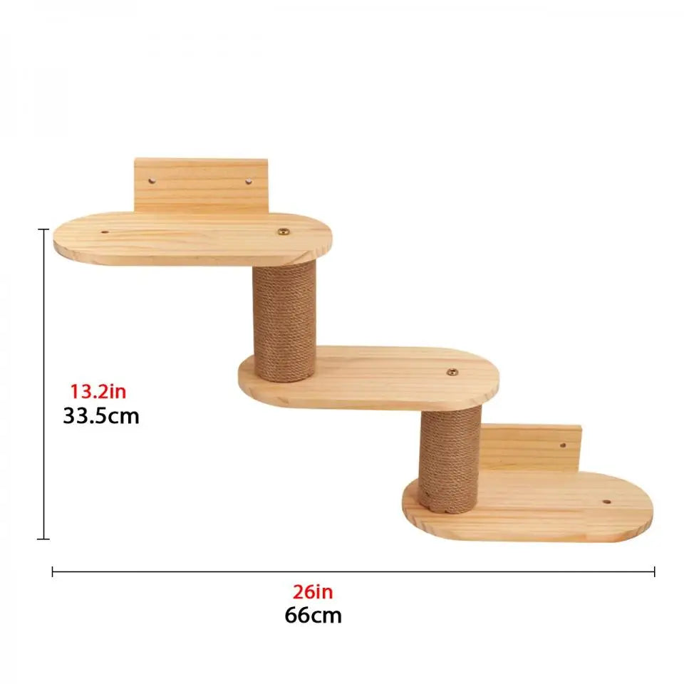 Wall-Mounted Wooden Cat Shelves with Sisal Post & Hammock