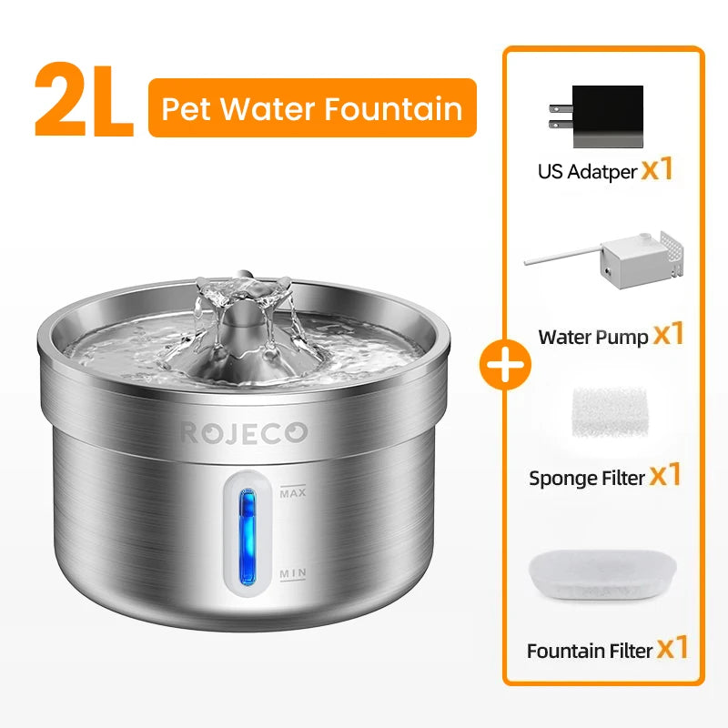 ROJECO Stainless Steel Pet Water Fountain – Smart Dispenser with Pump for Cats & Dogs