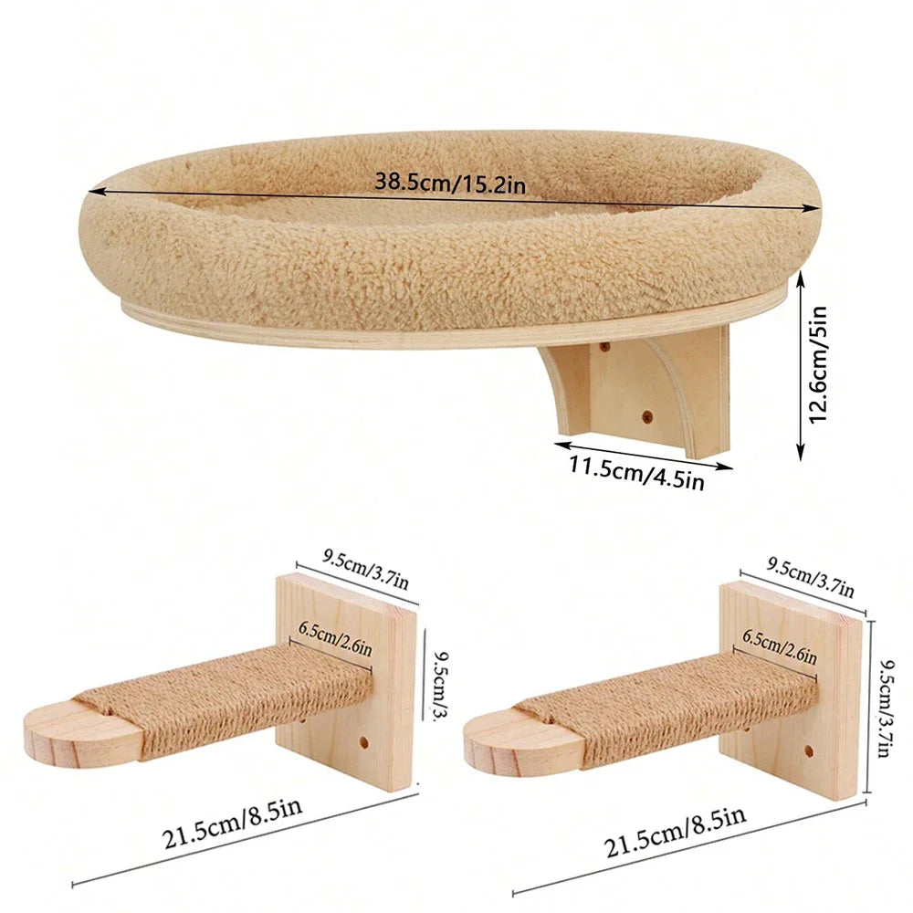 Wooden Cat Tree Tower Cat Climbing Scratching Post Stairs Hammock Hiding House Indoor Playground Cat Walkway Wall Pet Furniture
