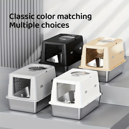 Stainless steel enclosed cat litter box with flip cover and non-slip mat, designed for easy cleaning and odor control.