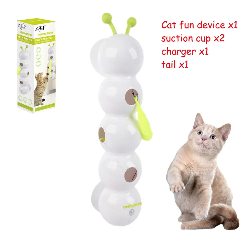 Waggy Tail Caterpillar Suction Cup Electric Cat Toy with rechargeable battery and sensing feature for self-entertainment.