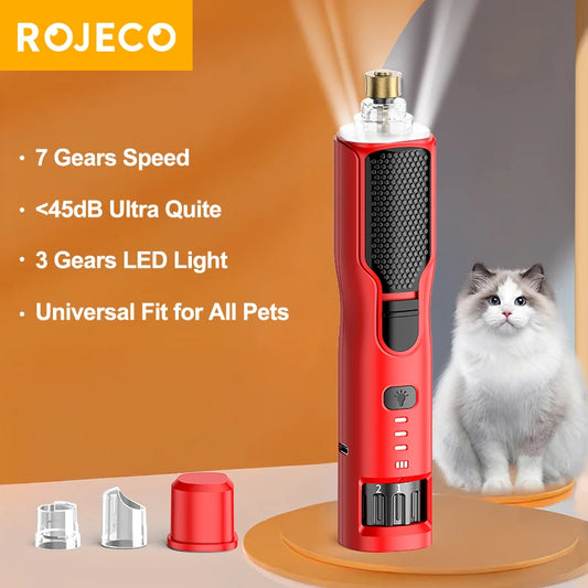 ROJECO Electric Pet Nail Grinder – Rechargeable, LED Light, 7-Speed for Cats & Dogs