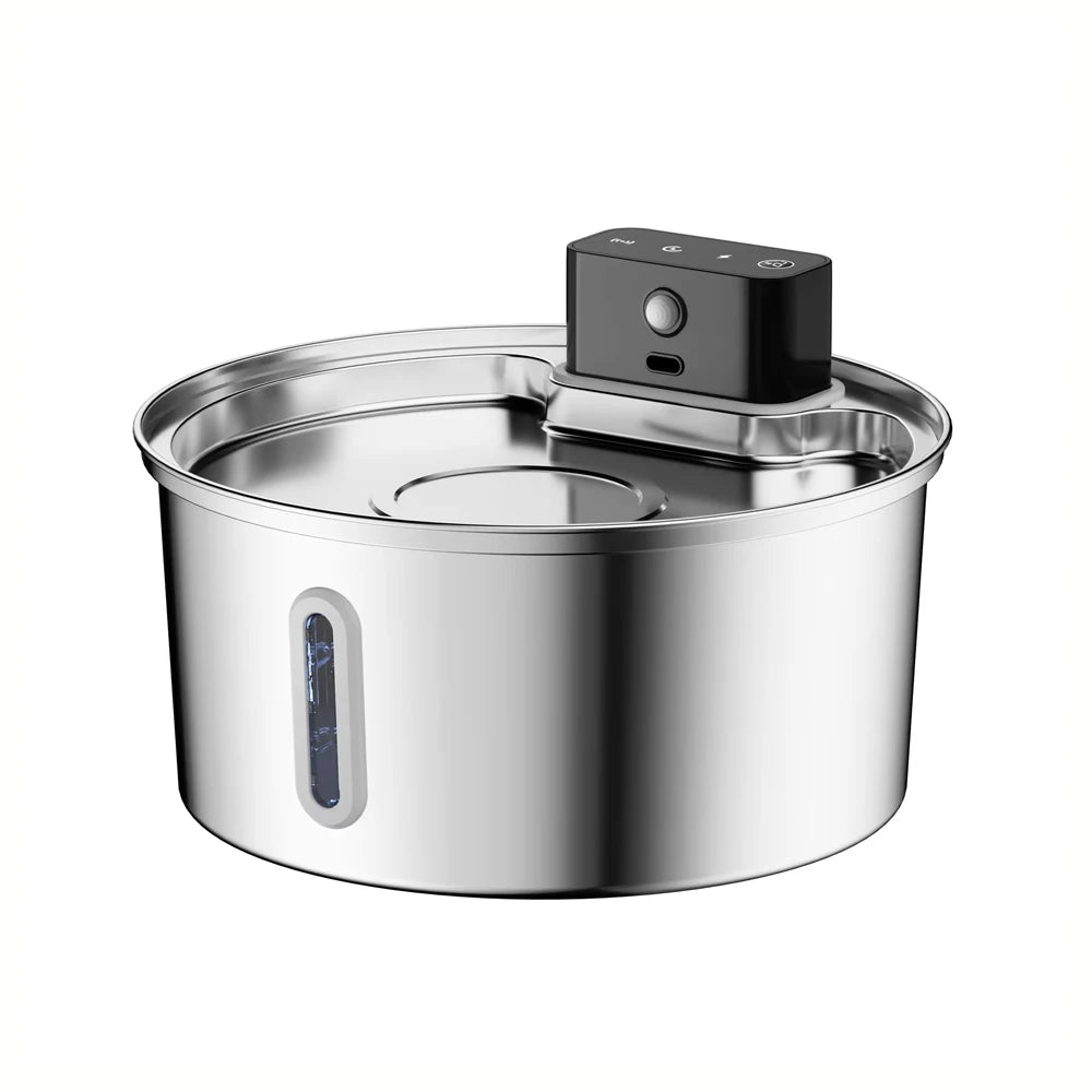 Wireless 3.2L stainless steel cat water fountain from Waggy Tail with auto filtration and 4000mAh battery.