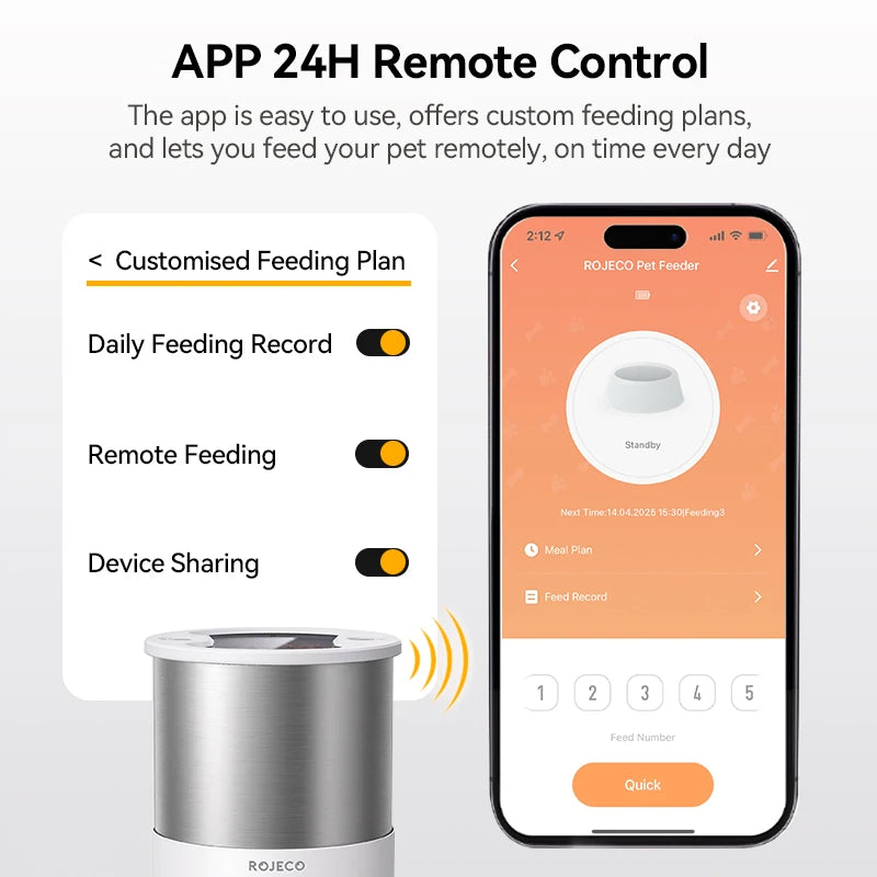ROJECO Stainless Steel Auto Cat Feeder – WiFi App, Voice Recorder, Smart Dispenser