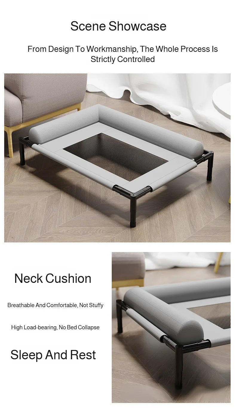 Waggy Tail elevated breathable mesh pet bed with moisture-proof design, large off-ground camp bed for dogs and cats.