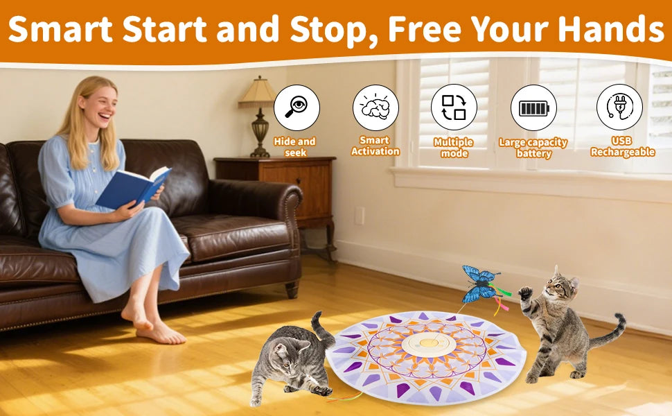 USB Rechargeable 3-in-1 Interactive Cat Teaser Toy 360° Rotating Feathers & Mandala Pattern,1200 battery capacity Plastic Design