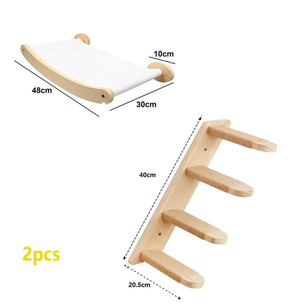 Wall-Mounted Wooden Cat Shelves with Sisal Post & Hammock