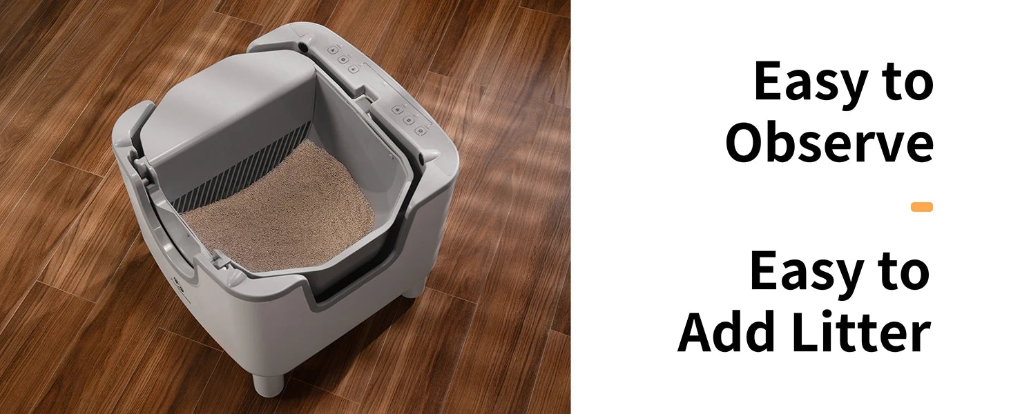 Waggy Tail smart self-cleaning open-top cat litter box with odor control and safety sensors, designed for easy maintenance.