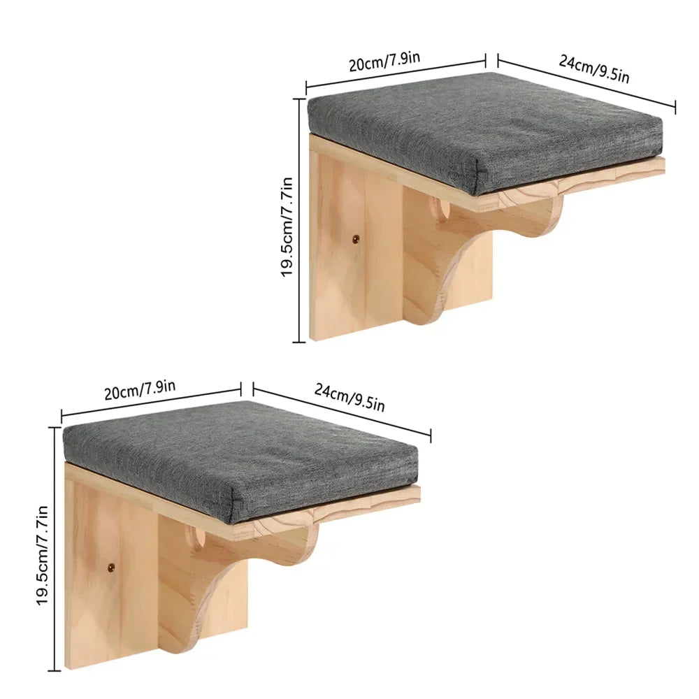 Solid Wood Wall-Mounted Cat Climbing Tower with Hammock