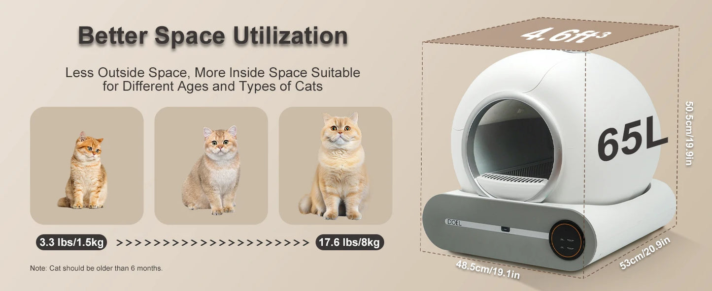 Smart Self-Cleaning Cat Litter Box 65L – WiFi App Control, Trash Bag & Litter Mat Included