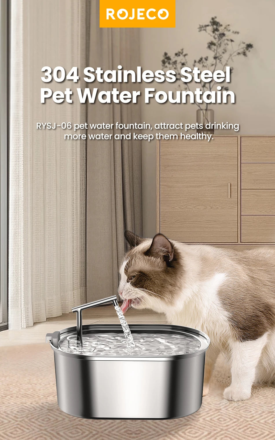 ROJECO Stainless Steel Cat Water Fountain – Auto Drinker with Pump for Cats & Dogs