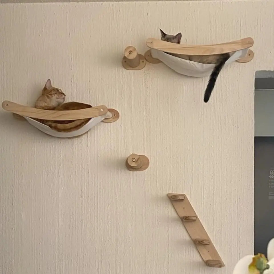 Wooden Cat Tree Tower Cat Climbing Scratching Post Stairs Hammock Hiding House Indoor Playground Cat Walkway Wall Pet Furniture