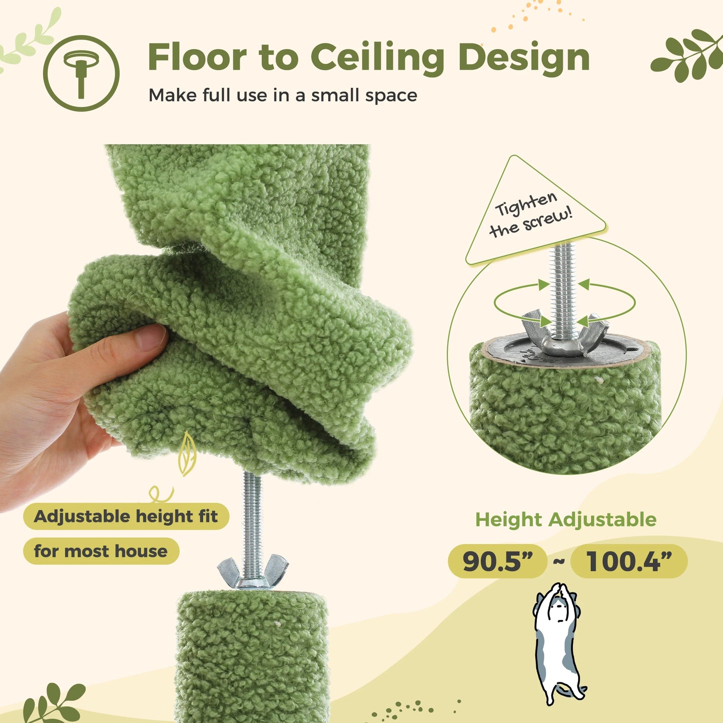 Height Adjustable Wooden Cat Tree with Large Hammock Sisal Scratching Posts Floor to Ceiling Cat Tower Cozy Cat Condo for Indoor